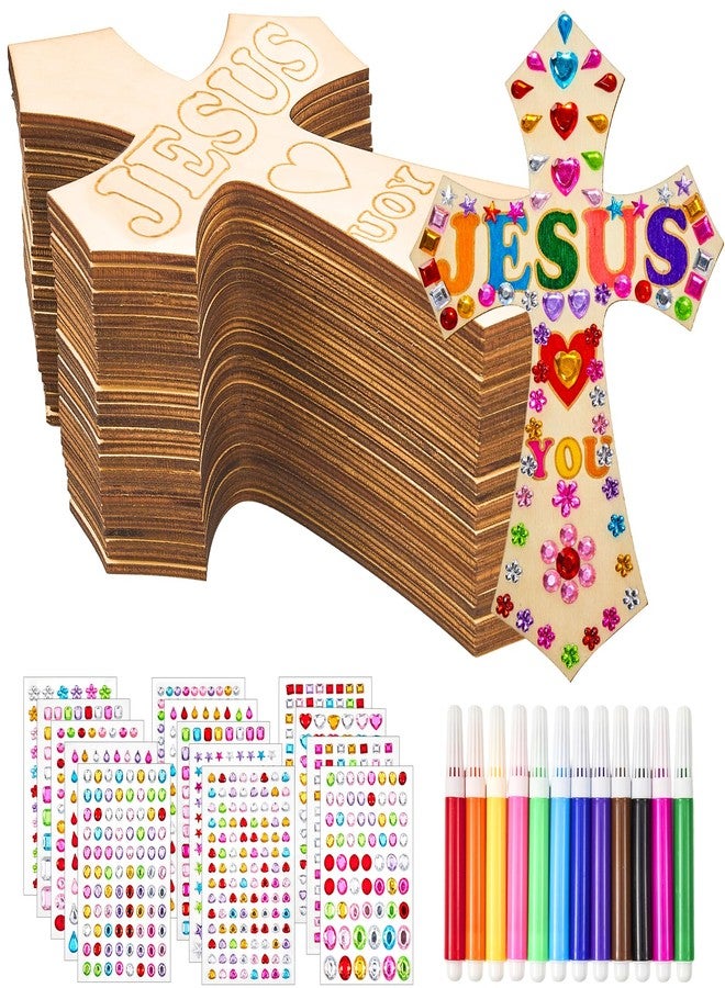 PLUVAVA 36 Pieces Wood Cross Crafts for Kids DIY Wooden Cross for Christian Jesus Sunday School Vacation Bible School Crafts Supplies with 14 Pieces Stickers and 24 Pieces Watercolor Pens (Exquisite Style) - Image 1